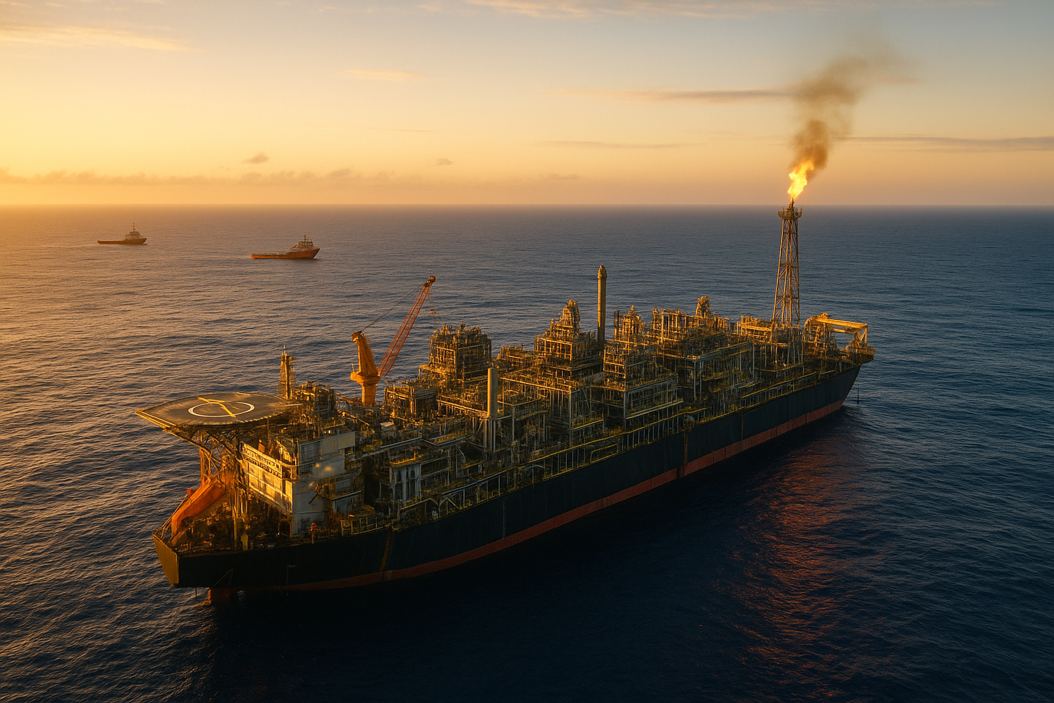 Produção petróleo gás brasil em plataforma FPSO ao amanhecer, com navios de apoio e mar azul intenso