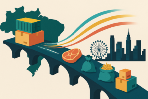 Ilustração do acordo mercosul singapura zera, com ponte entre Brasil e Singapura, contêineres e mercadorias.