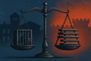 Ilustração sobre projeto prevê até 85% da pena antes da progressão para condenados por crimes hediondos, com balança da justiça e barras de ferro.