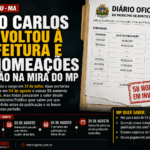 Arte jornalística sobre investigação do Ministério Público em Buriticupu: 58 nomeações feitas pela Prefeitura têm efeitos a partir de 3 de agosto, embora 56 das portarias só tenham sido publicadas em 20 de agosto. O MP apura a regularidade dos atos e possíveis pagamentos referentes ao período anterior à publicação.