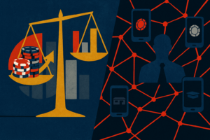 Ilustração sobre Apostas ilegais on-line, com balança, gráficos, celulares conectados e fiscalização institucional.
