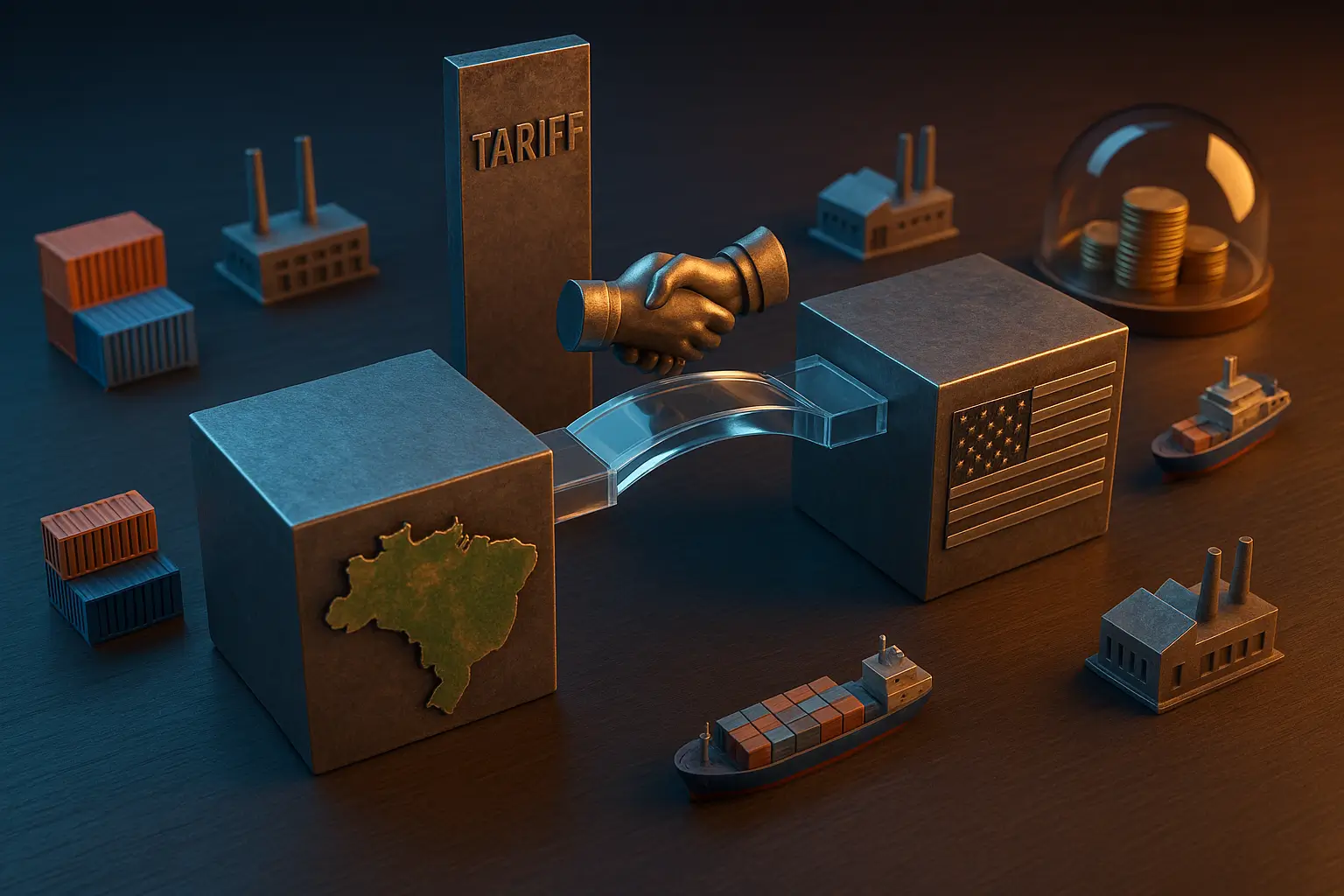 Imagem 3D de negociação entre Brasil e EUA, com barreira tarifária e ponte, em referência à Amcham