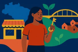 Isenção de impostos para jovens empreendedores em ilustração com jovem diante de pequena empresa